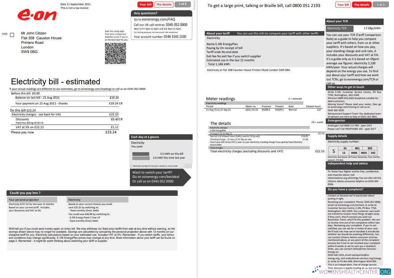 United Kingdom E.ON electricity utility bill template in Word and PDF format, 2 pages, version 1